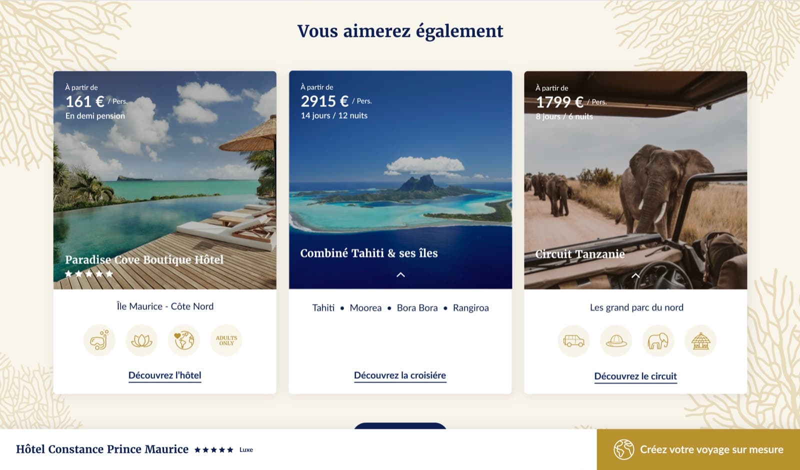 Bloc « Vous aimerez également » sur la fiche d'un hôtel : hôtel, combiné et circuit suggérés avec prix à partir de