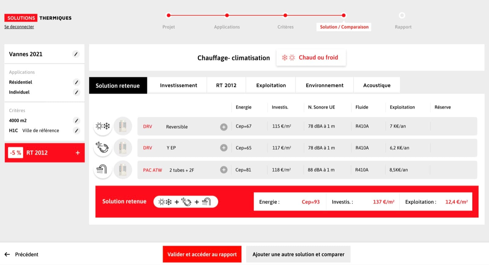 Guide ME, étape Solution / Comparaison, onglet Solution retenue : liste des équipements du projet avec leurs indicateurs énergétiques et bandeau de synthèse de la solution retenue