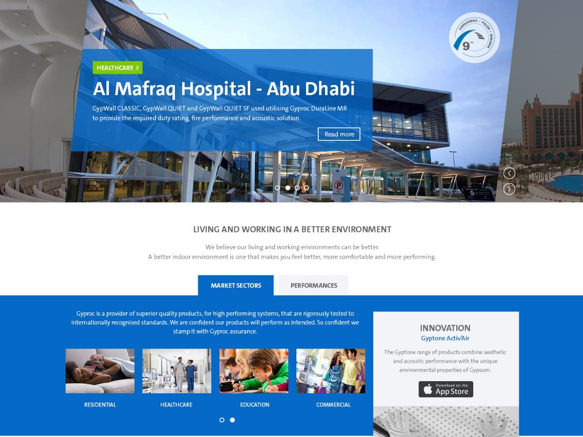 Accueil du site Gyproc Moyen-Orient : projet phare Al Mafraq Hospital à Abu Dhabi, marchés (résidentiel, santé, éducation, tertiaire), innovation et actualités