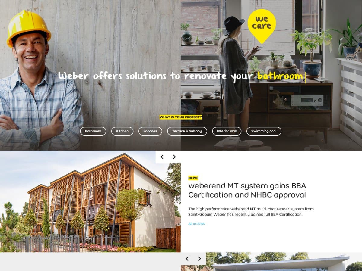 Accueil du site Weber : « Weber offers solutions to renovate your bathroom », choix du projet, actualités et réalisations