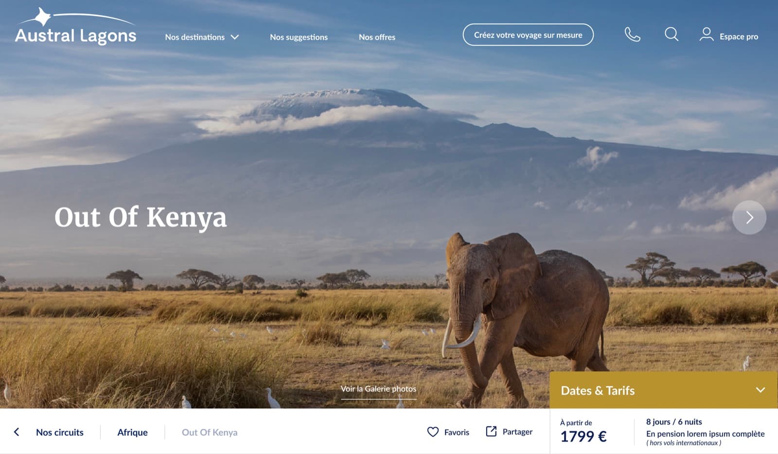 Page produit du circuit Out Of Kenya : visuel plein écran, bloc Dates et tarifs, prix par personne et durée