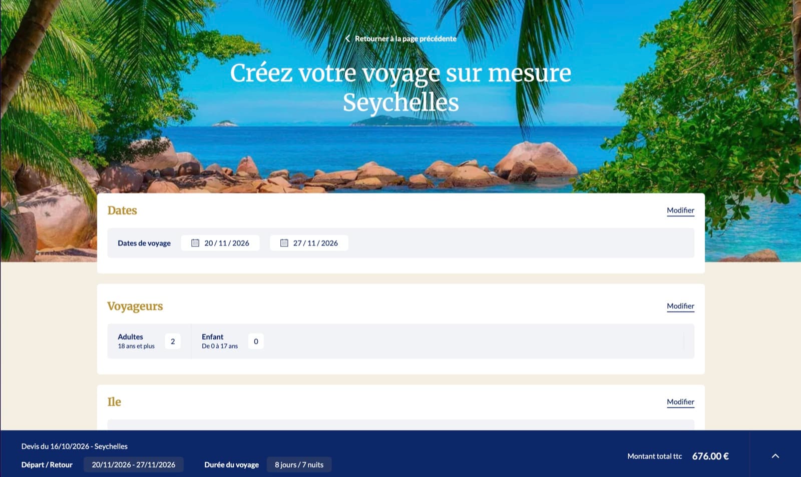 Formulaire de voyage sur mesure Austral Lagons, destination Seychelles : étapes Dates, Voyageurs et Île, avec le bandeau de devis en bas de page