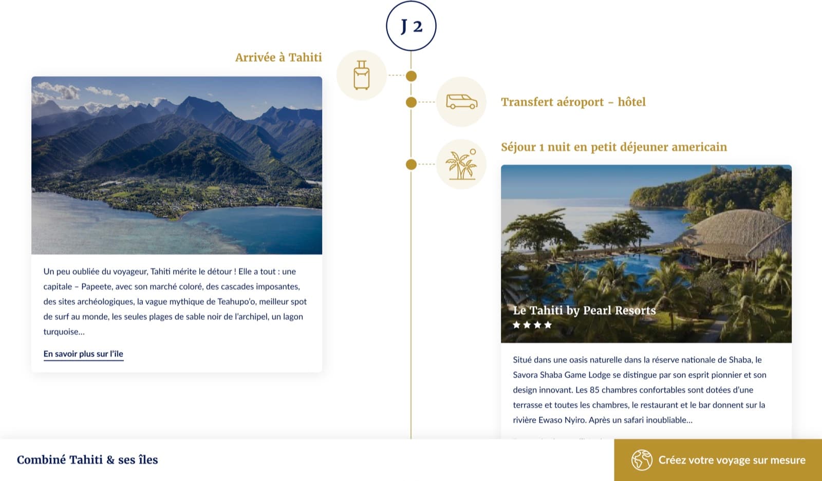 Itinéraire jour par jour du combiné Tahiti et ses îles : arrivée, transfert aéroport-hôtel, séjour, fiche de l'hôtel