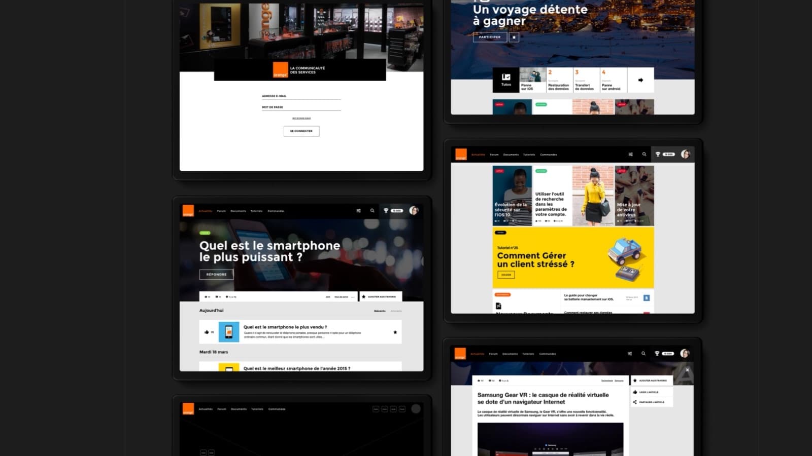 Maquettes de la communauté des services : écran de connexion, actualités, forum, tutoriels, quiz « Comment gérer un client stressé ? » et concours