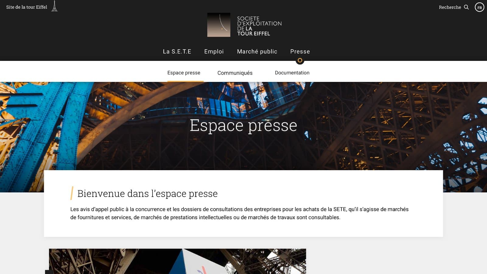 Espace presse du site institutionnel de la tour Eiffel : menu La S.E.T.E, Emploi, Marché public, Presse et bienvenue dans l'espace presse