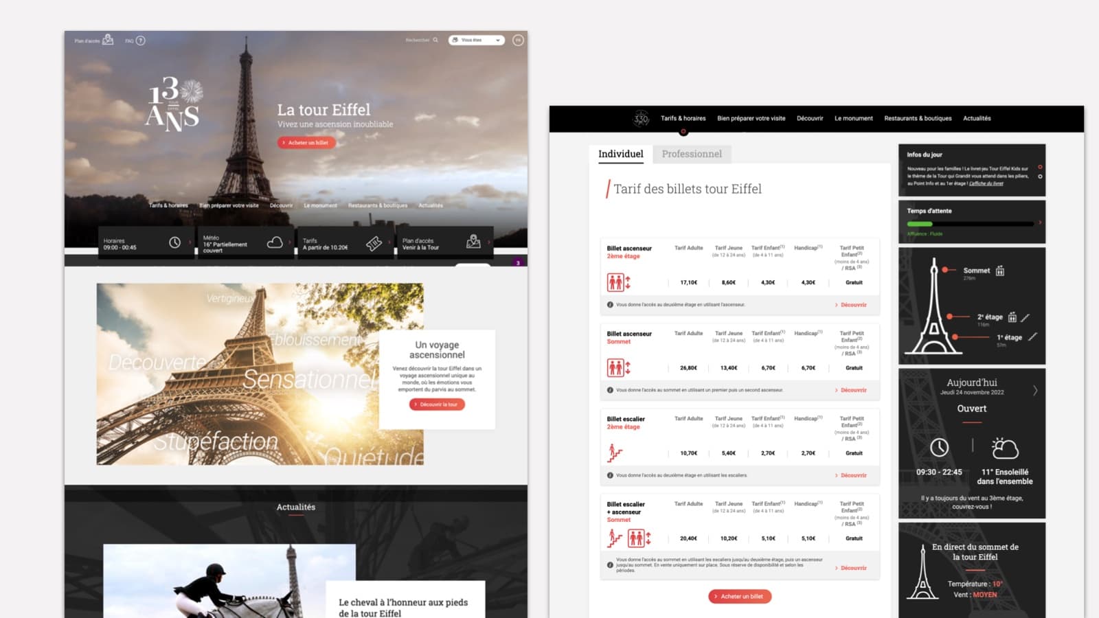Site de visite de la tour Eiffel : accueil « Vivez une ascension inoubliable » avec horaires, météo et tarifs, et page des tarifs des billets avec infos du jour, temps d'attente et conditions au sommet