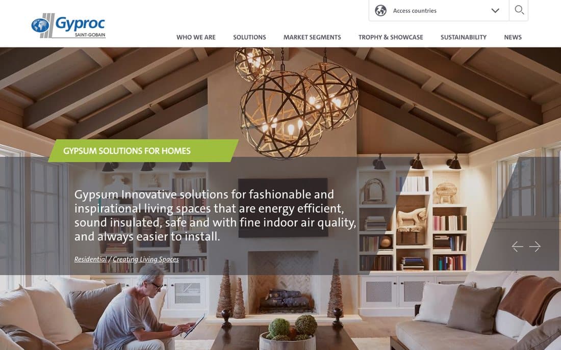 Site Gyproc : « Gypsum solutions for homes », un salon lumineux sous charpente