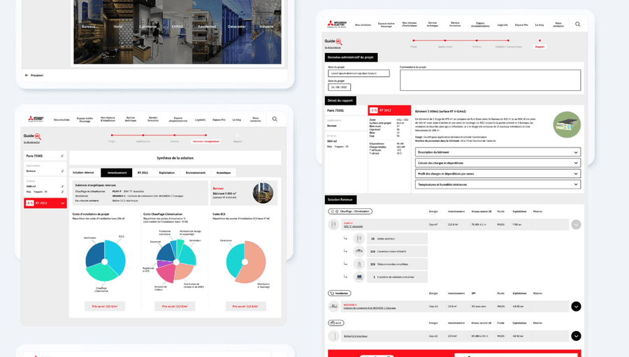 Écrans de Guide ME, l'application d'aide au choix de Mitsubishi Electric : synthèse de la solution et rapport